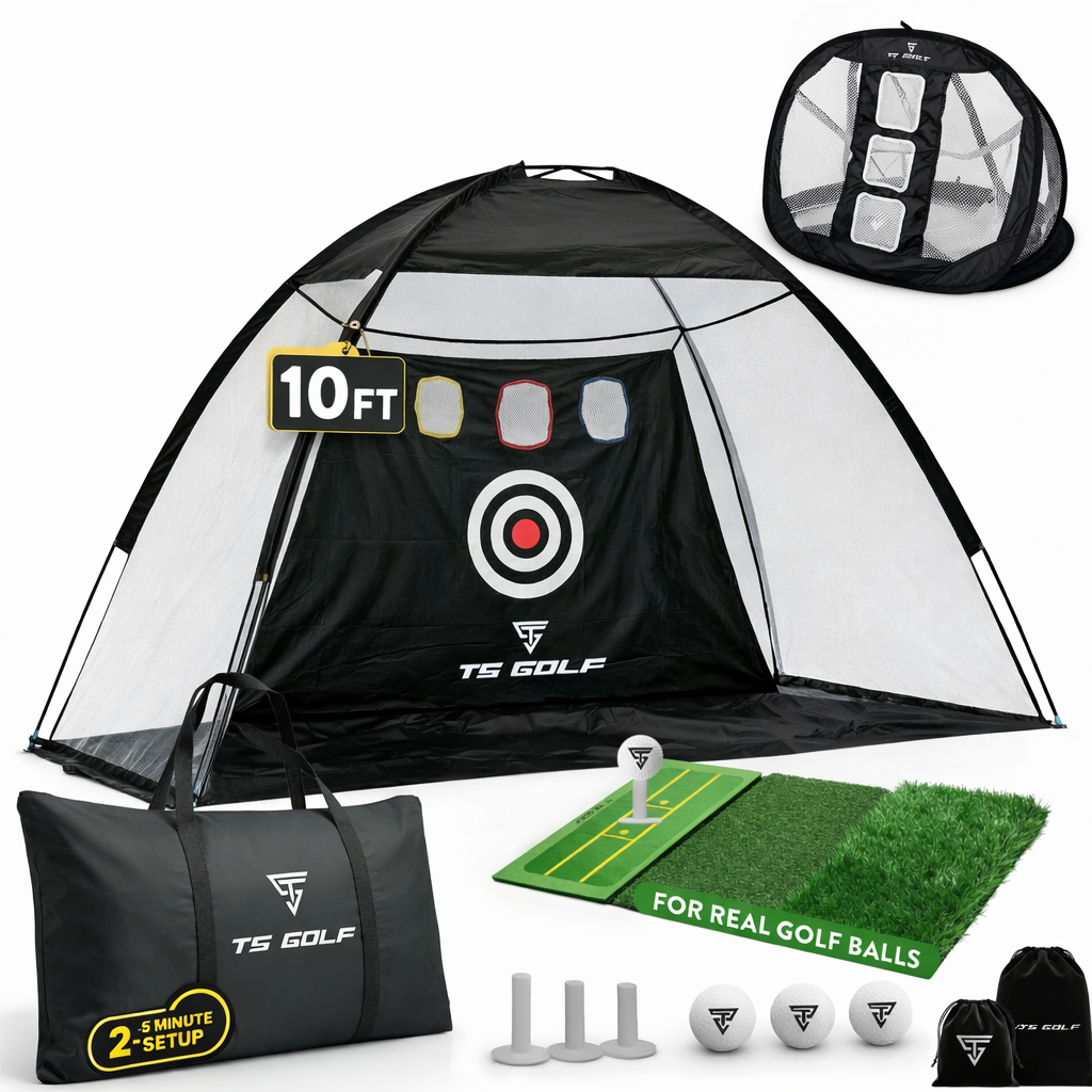 Golf practice net bundle with pop-up chipping net, hitting mat, balls, tees and carry bag